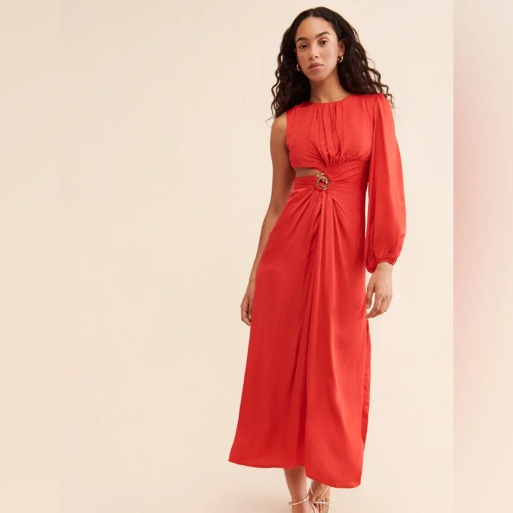 Farm Rio Anthropologie One Shoulder Cutout Maxi Dress Ruby Red XS - Picture 2 of 6
